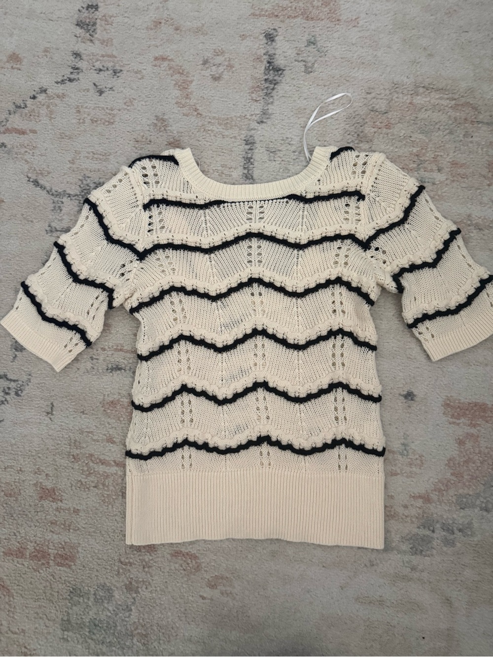 Ella Moss Cream Short-Sleeve Knit Sweater with Black Wave Stripes